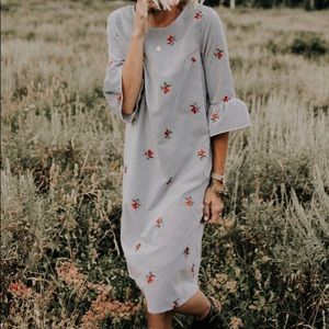 Black & White Pinstripe Dress, Floral Embroidery
